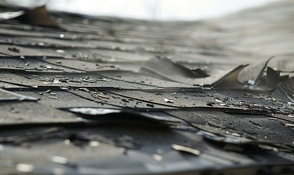 A_roof_with_broken_shingles_and_damaged_clips_showing