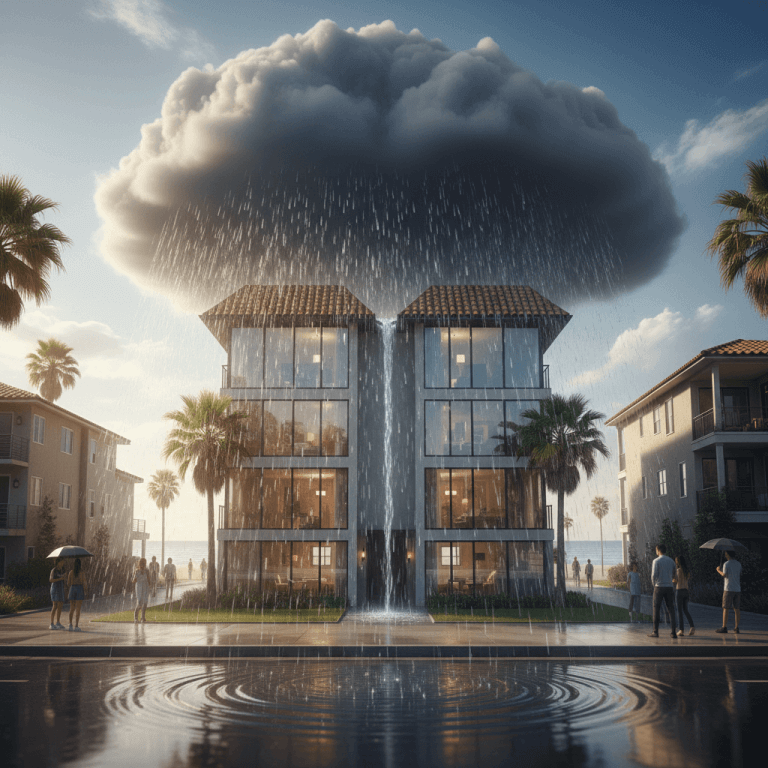 mission beach building under rain storm ca