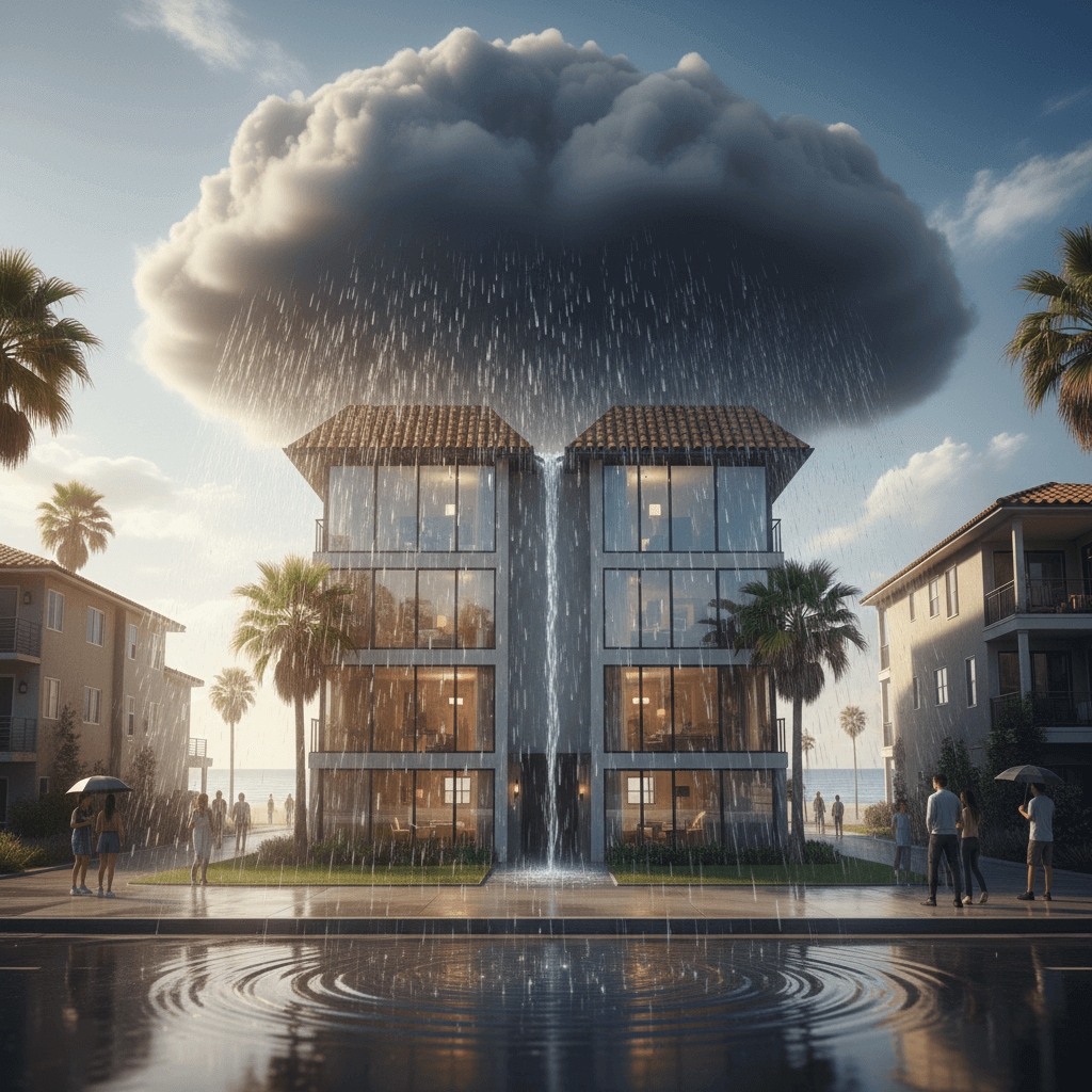 mission beach building under rain storm ca