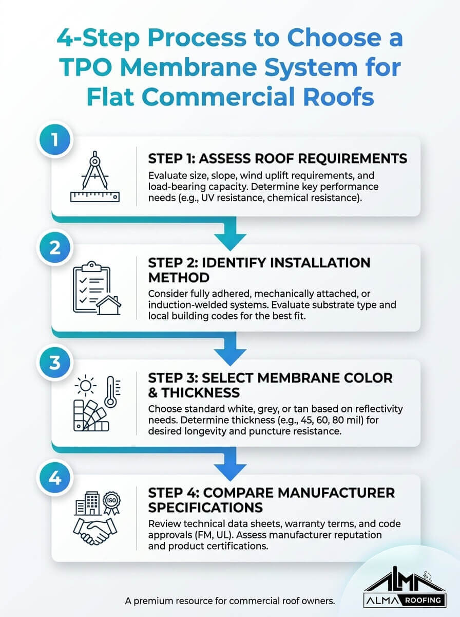 A concise 4-step guide to selecting a TPO membrane system for flat commercial roofs, highlighting practical and top options for flat-roof installations.
